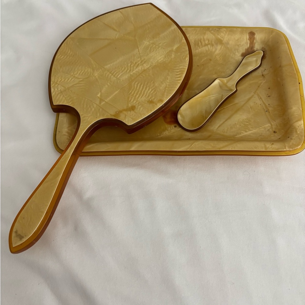 Vintage Art Deco La Parisienne Celluloid Bakelite Vanity Mirror, Tray, Shoe Horn